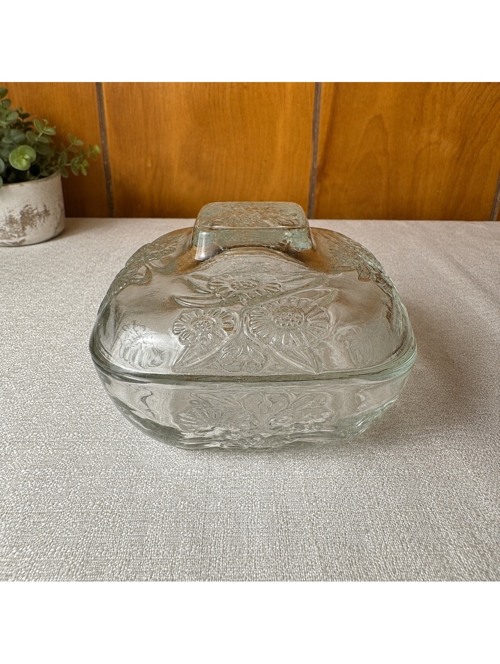 Vintage Floral Glass Covered Dish Trinket Box Butter Dish  Made in Indonesia